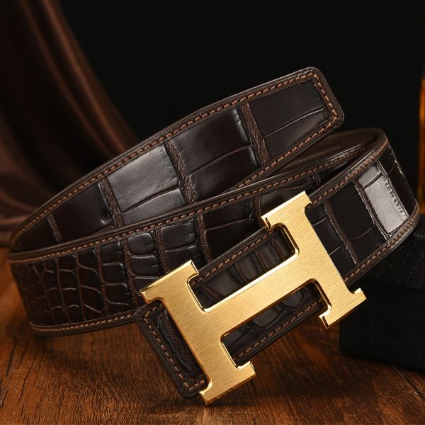 

men's layer cowhide crocodile pattern belt young and middle-aged british fashionable men's h buckle belt gift box, Black;brown