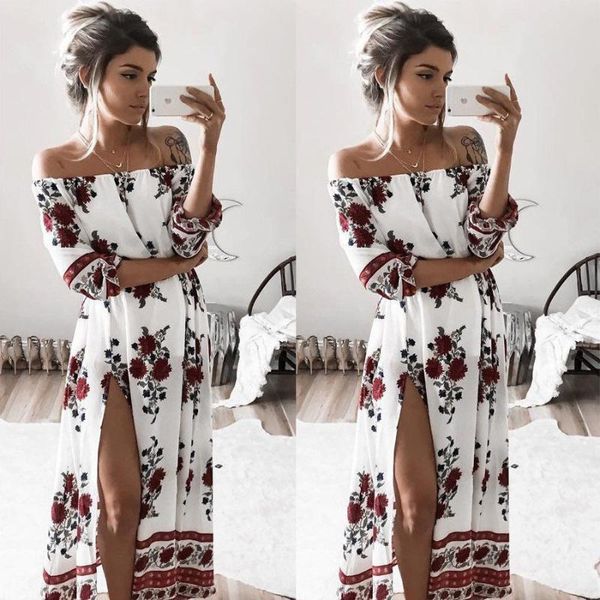 

2020women summer vintage boho floral dresses slash neck split long evening party beach dress floral sundress women clothing, White;black