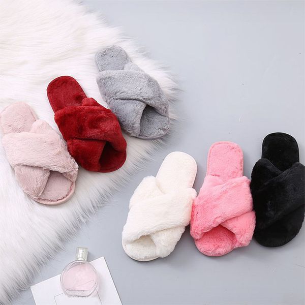 

women faux fur home slippers winter warm shoes woman slip on flats slides female slippers drop shipping, Black
