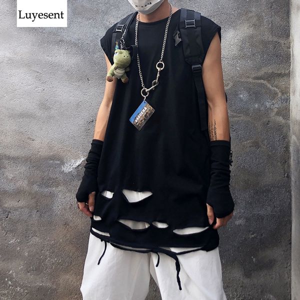 

punk cool split hole long t-shirts woman mam hollow out sleeveless rock basic loose t-shirt 2020 gothic fashion camis, White