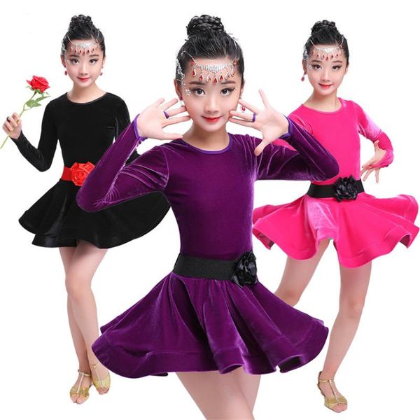 

110-170cm girls ballroom dance competition dresses latin skirt dance fringe velvet dress 2020 girl stage singer wear cosutmes, Black;red