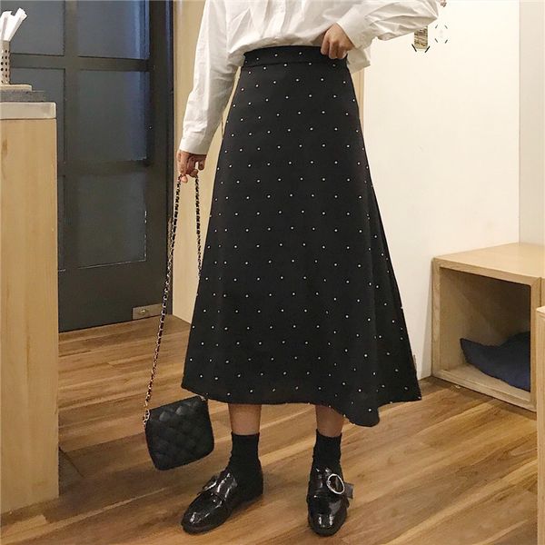 

2020 new summer skirts womens casual slim high waist black dots a- line skirt retro korean style harajuku style ing