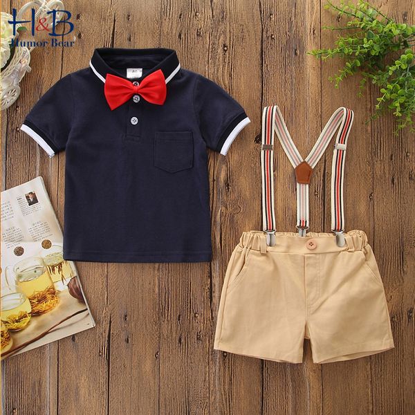 

humor bear boys children's clothes suit summer kids gentleman short sleeve shirt +strap shorts +bow baby boys clothing set, White