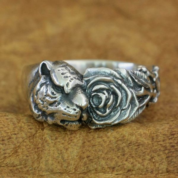 

925 sterling silver tiger rose ring fashion biker punk ring ta211 us size 7 to 15, Golden;silver