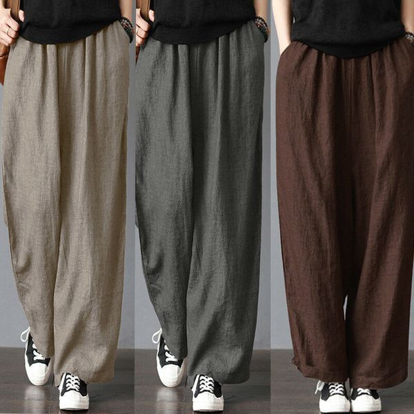 

men casual loose wide leg pants casual soft cotton linen bloomers trousers harem plus size home pants, Black