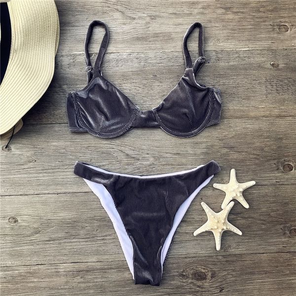 

velvet bikinis 2020 mujer women swimwear women gry bikini set swimsuit swimwear bathing suit biquinis set 19018, White;black