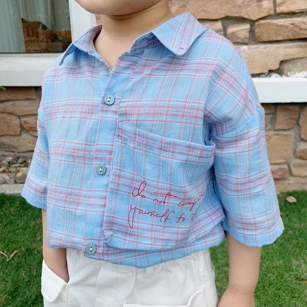 

tgg2020 summer new children's korean shirt printed plaid shirt boys and girls casual top, White;black