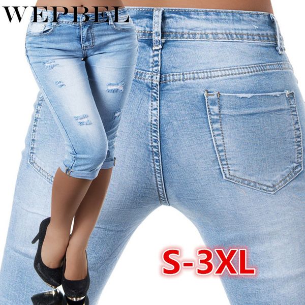 

wepbel street broken slim denim trousers women's fashion capri jeans pants 3/4 ripped jeans women fashion ripped, Blue