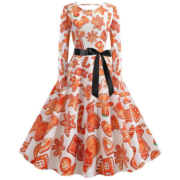 

s 5xl christmas print vintage dress women autumn winter long sleeve a line midi party dress pin up 60s robe femme plus, Black;gray
