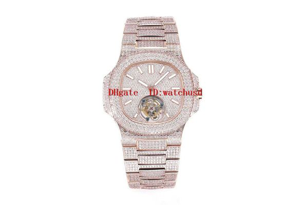 

18k rose gold luxury watch full diamond mens wristwatch tourbillon business watch swiss automatic mechanical transparent case back, Slivery;brown