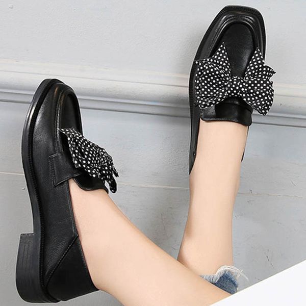 

2020 student polka dot bow-knot loafers woman flats espadrilles plush ballerina square toe slip on oxfords women shoes size34-43, Black