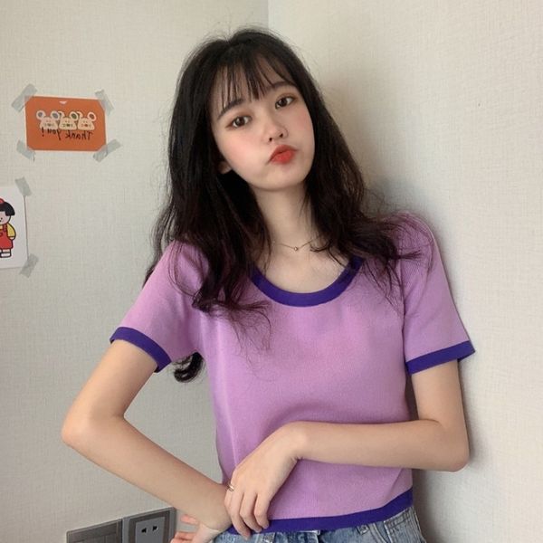

2020 new korean style elegant round sweater neck bm style contrast color close-fitting short sleeve sweater women's all-match top, White;black