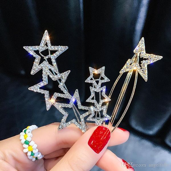 

women five-pointed star hair clip bling bling rhinestone star barrettes fashion hair accessories for gift party, Golden;silver