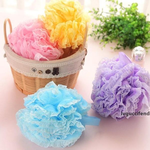 

lace mesh pouf sponge bathing spa handle body shower scrubber ball colorful bath brushes sponges lx1194