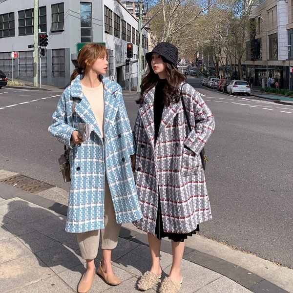 

большой лацкане шерсти шерстяное пальто 2019 зима новый стиль ленивый женский двубортный клетчатые пальто, Black