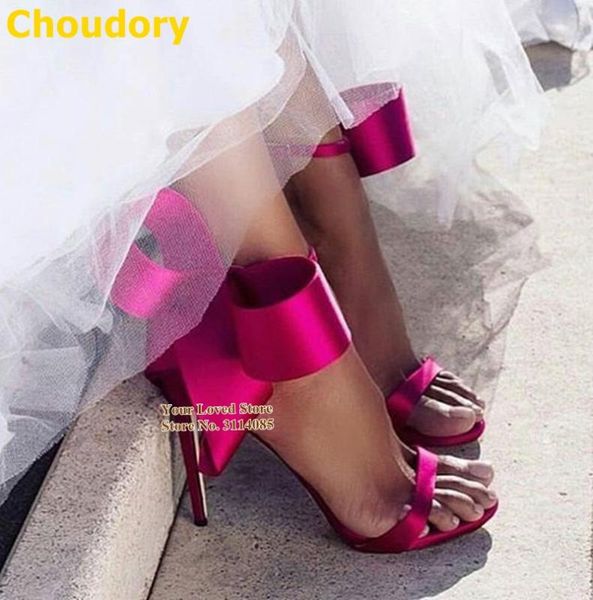 

choudory women fuchsia satin cloth big bowtie sandals stiletto heel silk fabric butterfly-knot wedding shoes evening dress shoes, Black
