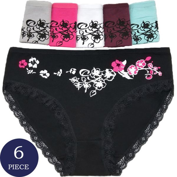

6pcs women panties cotton underwear printed breathable seamless high waist briefs women cute lace floral lingerie intimates, Black;pink
