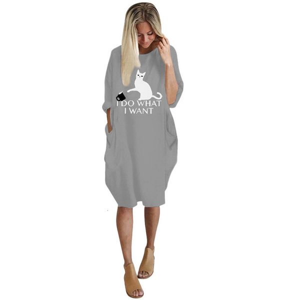 

dropshipping casual plus size fashion womens plus size loose dress crew neck cat printed casual pocket dress women, Black;gray