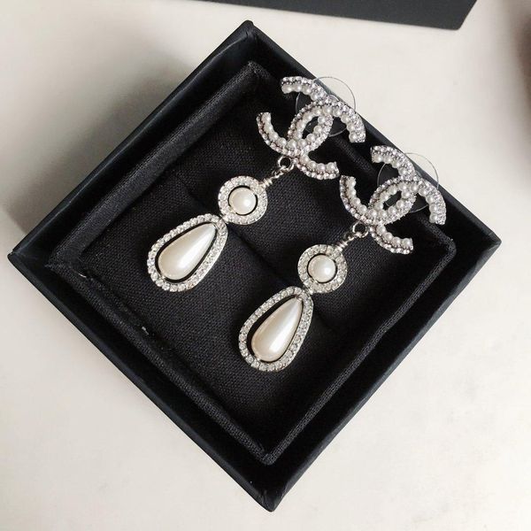 

pearl stud earrings water drop beads double sided diamond brass earrings 925 silver pin earrings for woman1, Golden