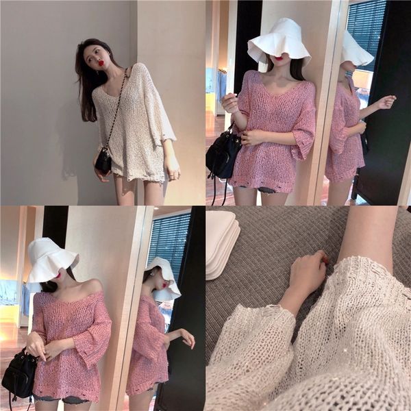

19026 2019 early new lazy style ins trendy bf loose design sense women's coat niche knitted top, White;black