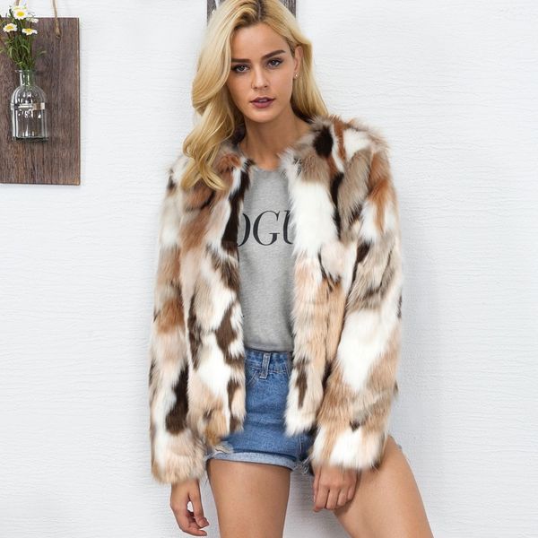 

women's fur & faux leopard print warm coat women jacket fluffy long sleeve turn-down collar vintage short furry overcoat outwear, Black