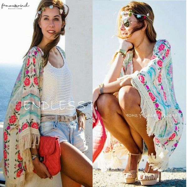 

women fringed tassel shawl cape beach lace ladies cover up loose blouse floral shirt drop shipping, White
