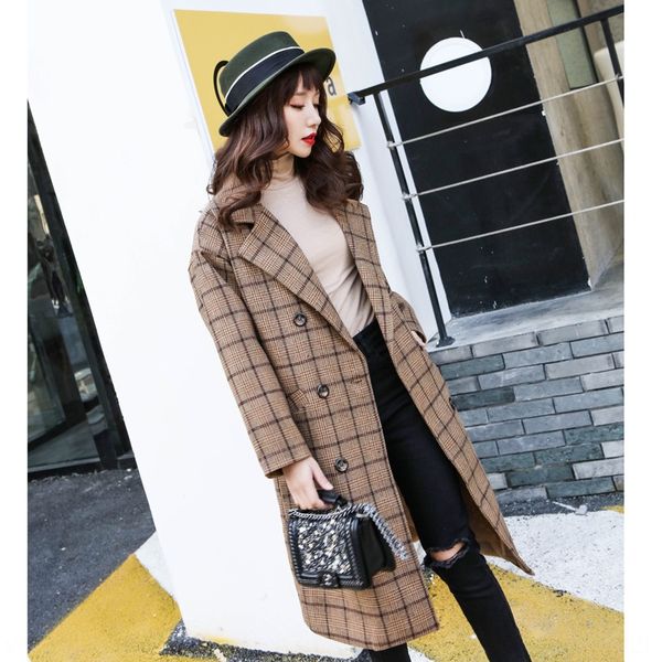 

new en coat wool wool women's korean-style thickened mid-length plaid woolen coat double-breasted slim fit, Black