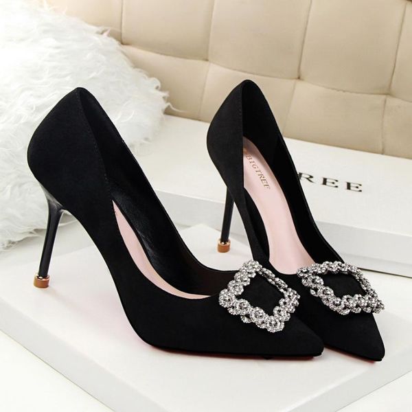

european and american style women's shoes thin heel high-heeled shallow suede slimming pedicure pointed buckle rhinestone shoes, Black