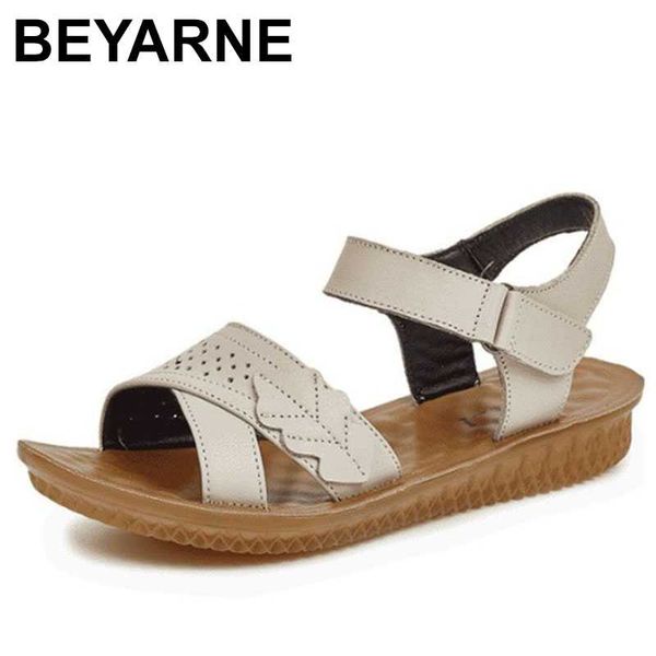 

beyarne promotion 2020 new genuine leather sandals open shoes summer mom sandals flat bottom soft comfortable shoes woman sandal, Black