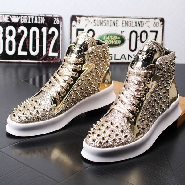 

red gold men's designer sneakers punk hip-hop ankle boots platform shoes outdoor male rivet casual shoes height increasing, Black