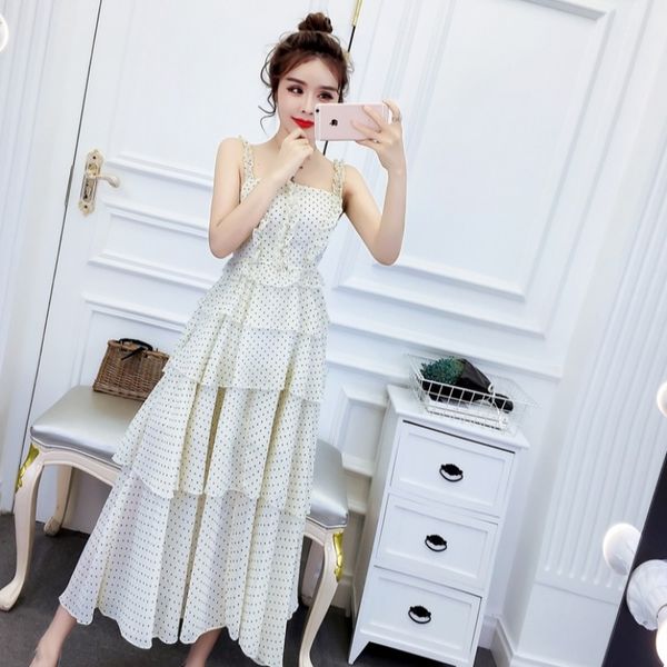 

skirt 2020 new summer fashion korean slim slimming suspender polka dot ruffles dress women, White;black
