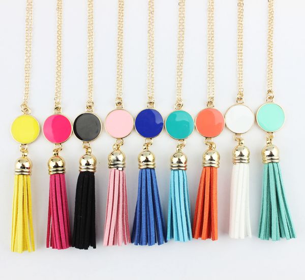 

monogram disc & suede tassel long necklace for women enmale round engraved blanks velvet faux leather fringe pendant necklaces, Silver