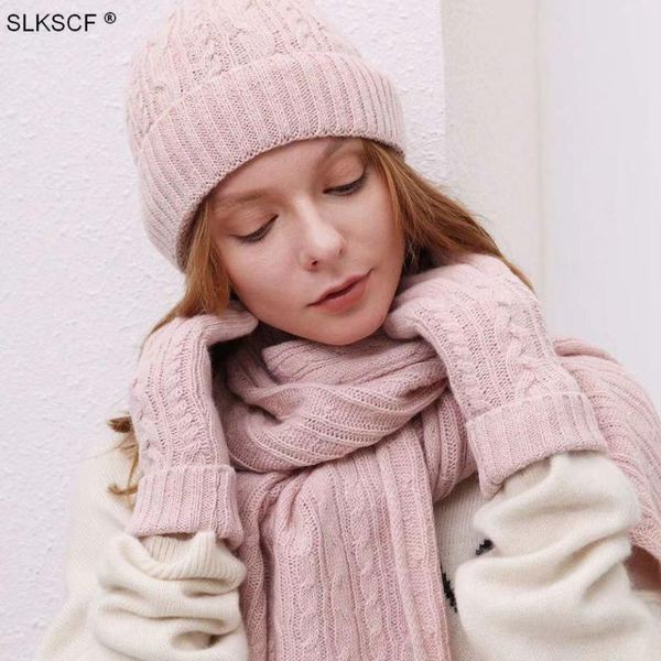 

slkscf] popular three-piece suit warm knit scarfs cap gloves romantic gift pink colour knitted wool caps scarves gloves women, Blue;gray