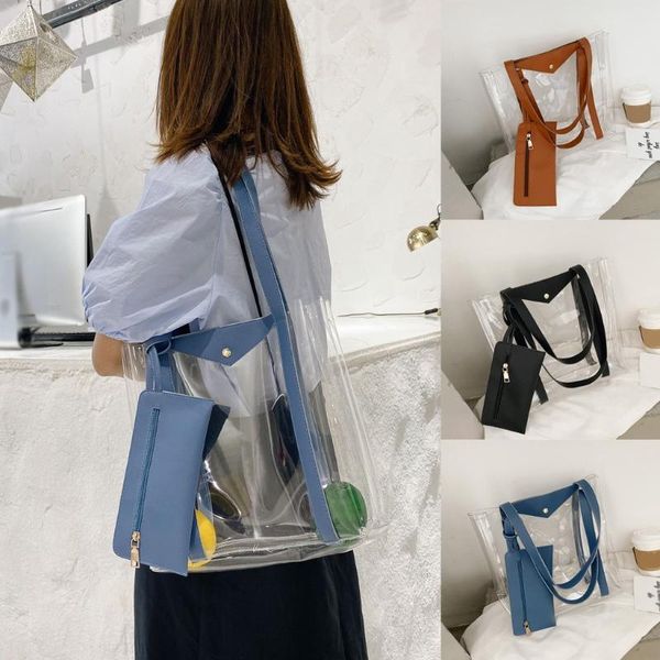 

transparent pvc shopping bag women beach storage reusable transparent tote bag hasp bags shoulder bags hand bag+clutch