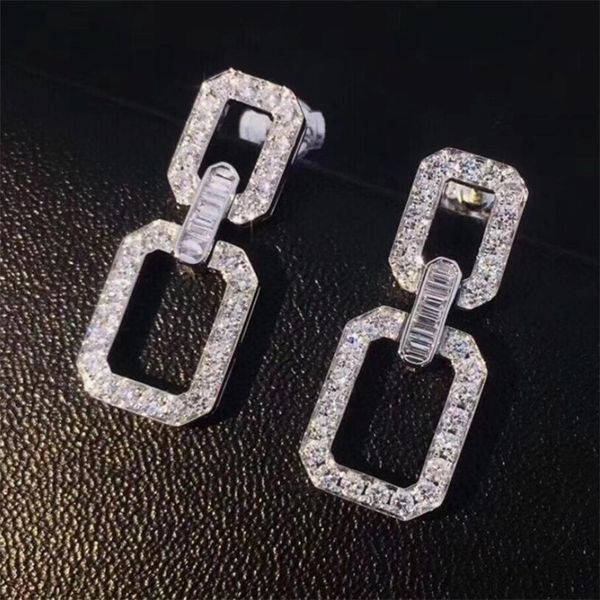 2020 New Arrival Jóias Sparkling Luxo 925 Sterling Silver Pave Branco Sapphire Partido Praça Cadeia Brinco Mulheres Long Dangle presente Brinco