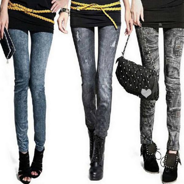 

fashion casual imitation cowboy printed leggings high elastic slim thin feet leggings women blue black good quality gifts