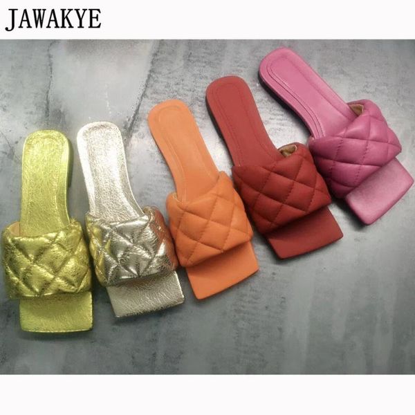 

diamond shaped quilted flat sandals women slippers square toe leather slippers gold nude summer flat mules beach shoes woman, Black
