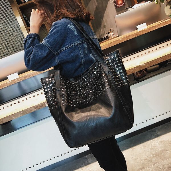 

big bag for women summer shopper bag tote rivet large capacity soft leather casual black handbag ladies sling