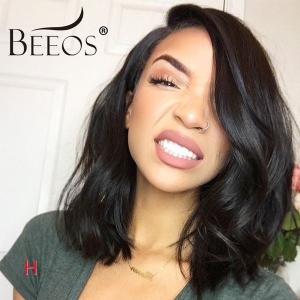 

beeos short water wave wigs side part for women lace frontal wig remy brazilian lace front human hair wigs natural 150%, Black