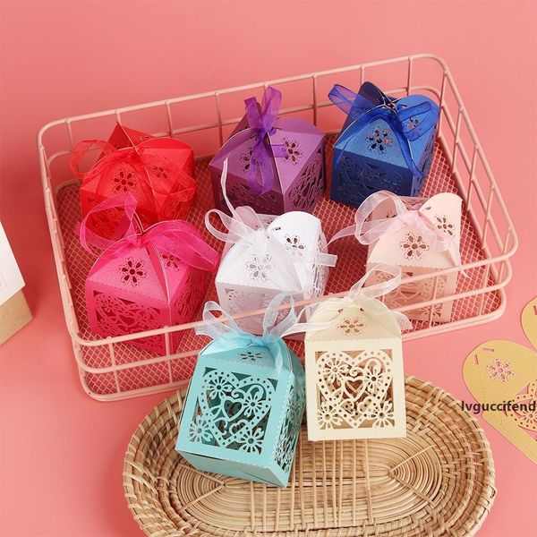 

25pcs ribbon laser love heart candy boxes colorful cut hollow chocolate package bags wedding favor kids gifts party supplies