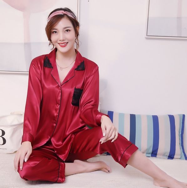 

jiexi ice silk pajamas women's long sleeve silk home wear two-piece thin autumn simulation home simulation, Blue;red