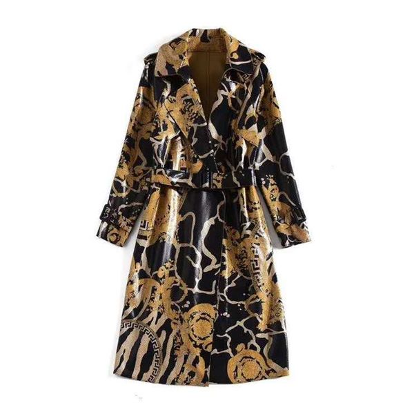 

european and american women's clothing 2020 winter new style long sleeve lapel retro print the belt fashionable bright face trench coat, Tan;black