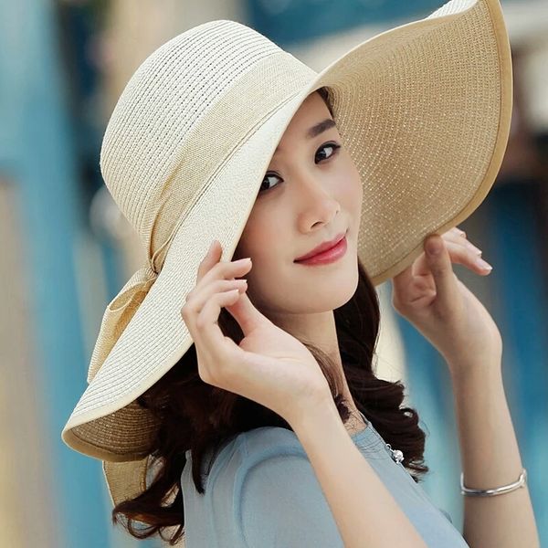 

2020 new style large edge foldable large eaves straw straw hat korean beach sun hat, Blue;gray