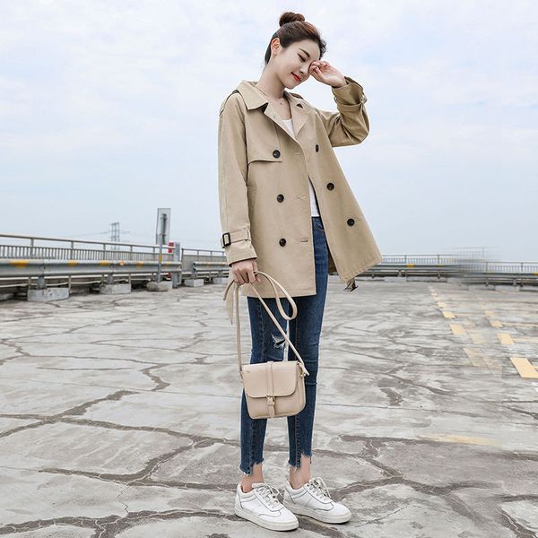 

spring women trench coat casual streetwear double breasted belt female coats fashion korean loose fit outwear, Tan;black