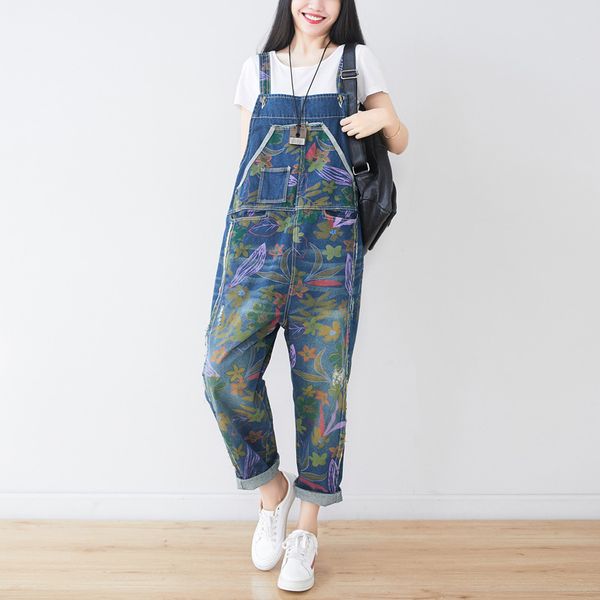

ladies denim overalls spring literary plus size plus fat overalls washed retro cover meat hole personality denim, Blue