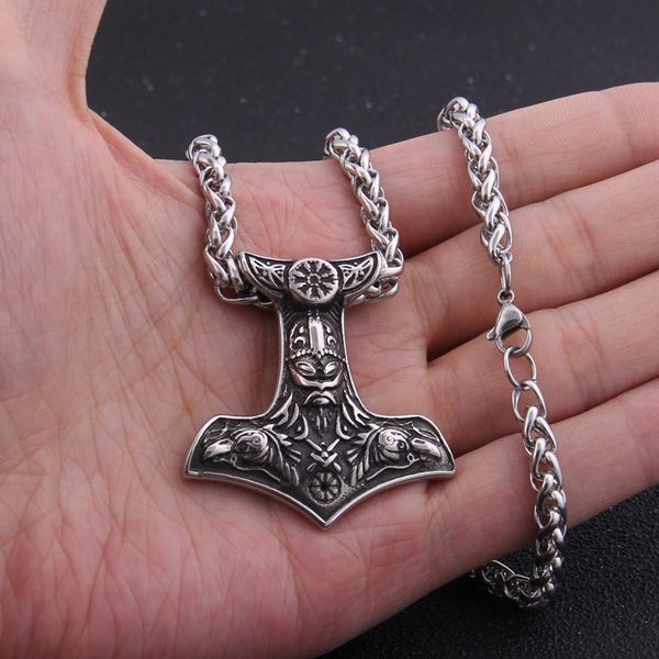 

dropshiping new arrival stainless steel vikings raven mjolnir rune thor hammer pendant necklace men gift, Silver
