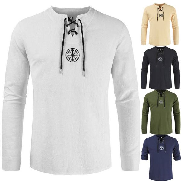 

men's simple cardigan crew neck fashion retro medieval style dual sleeve long sleeve linen shirt, White;black