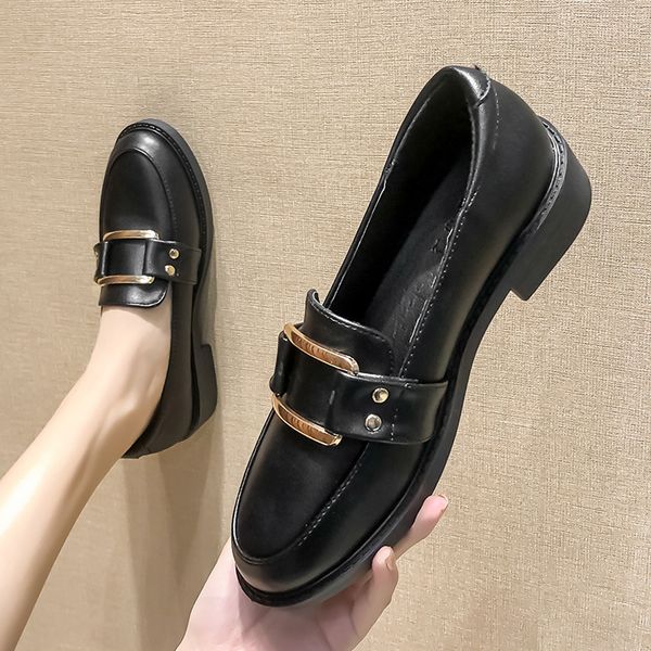 

metal buckle band slip on small leather women loafers zapatos de mujer woman flats shallow chunky heels oxfords women shoes 2020, Black