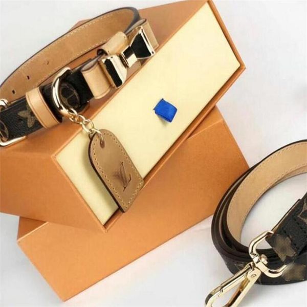 

ins fashion genuine leather pet collar classic printed pattern pet leashes all seasons personality charm pet collars & leashes with box