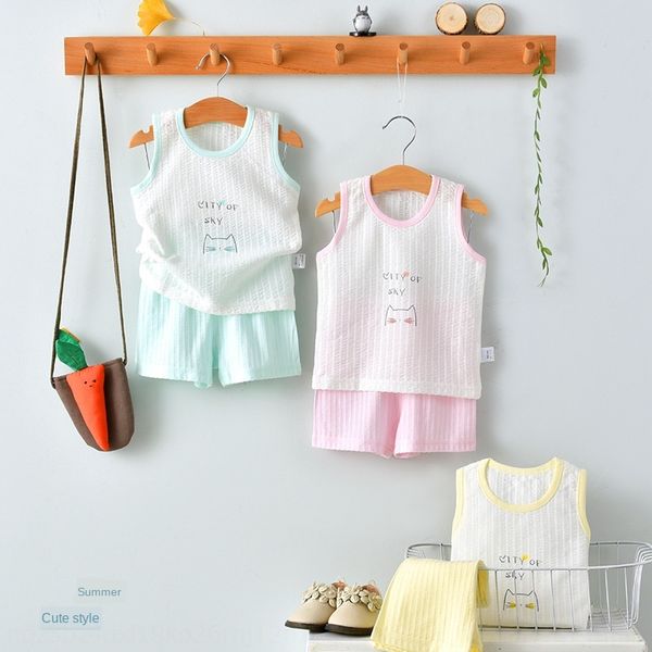 

cotton vest and shorts sleeveless knitted suit baby summer clothes pastoral style baby round collar vest shorts two-piece set, Blue